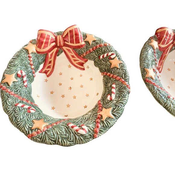 Fitz and Floyd Bow Candy Bowl Set of 2 With Christmas Tree Design 7" Wide - Picture 3 of 8